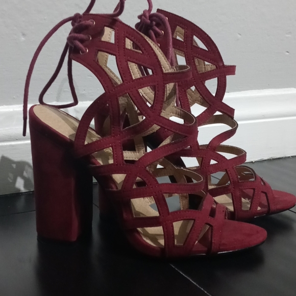 Velvet Burgundy Sandal Heels - Picture 2 of 9